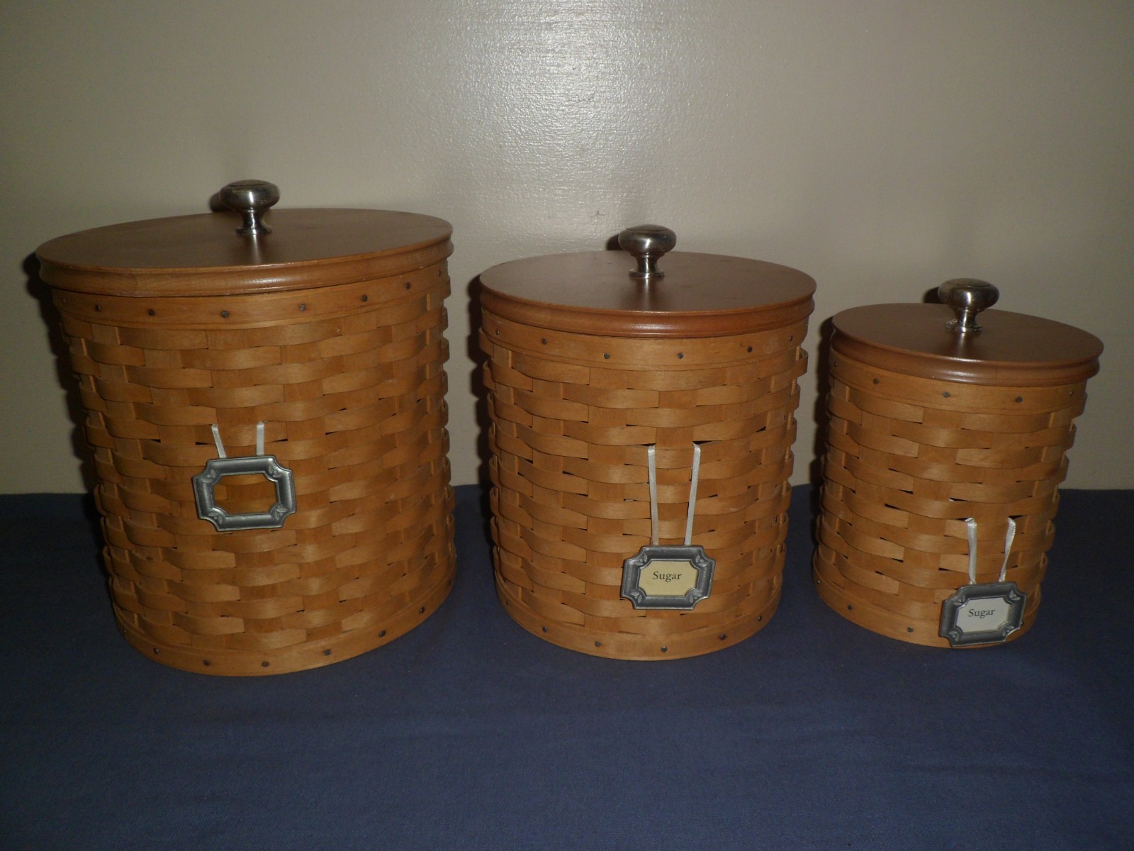 LONGABERGER BASKET CANNISTER SET, COMPLETE WITH HARD PLASTIC LINERS AND LIDS