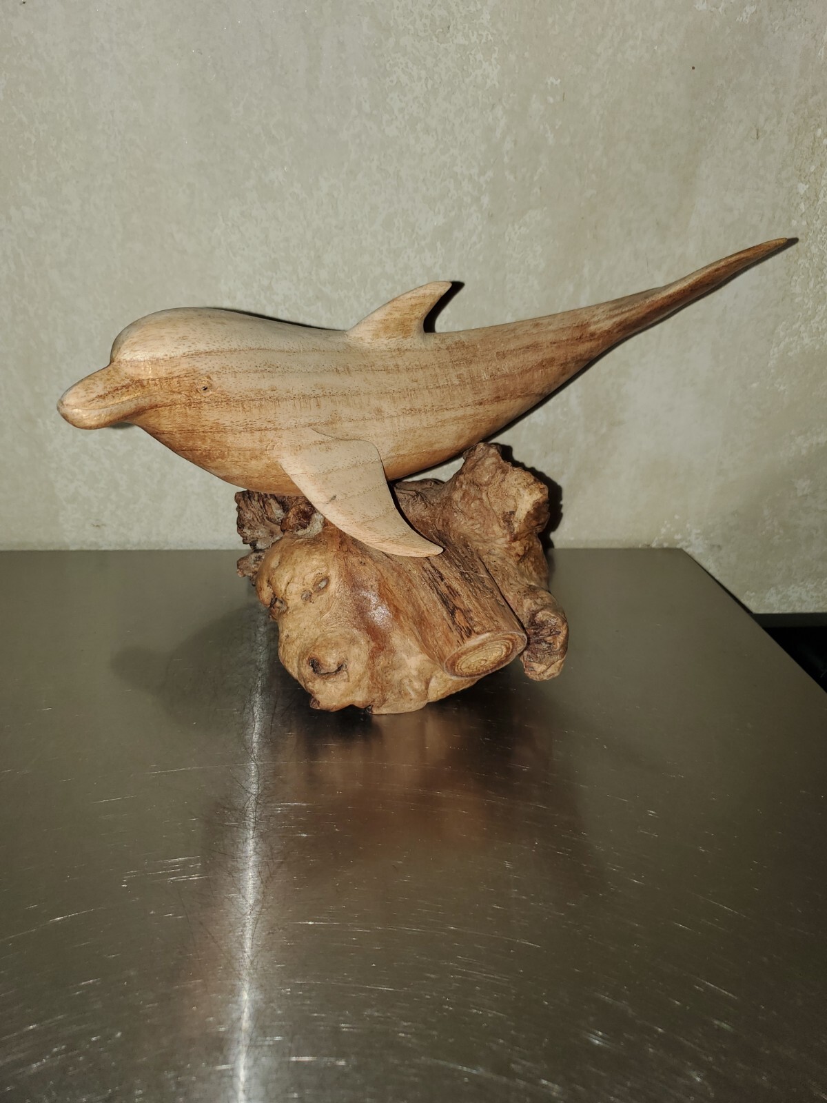 Hand Carved Wooden Dolphin on Wood Base Sculpture Figurine Decor