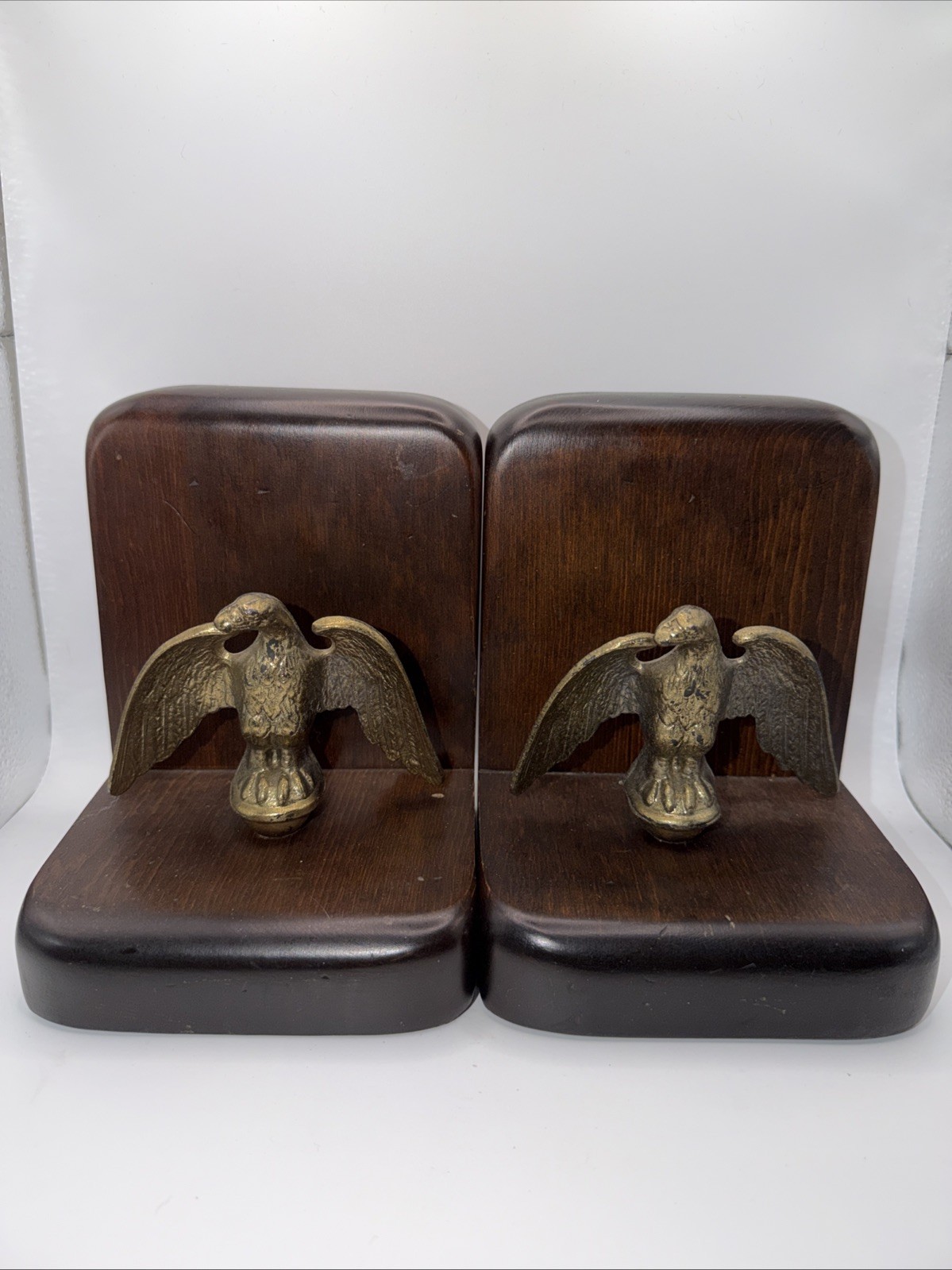 Vintage Wood With Brass Eagle 10”x8” Bookends 1950’s Walnut Wood Exceptional!!