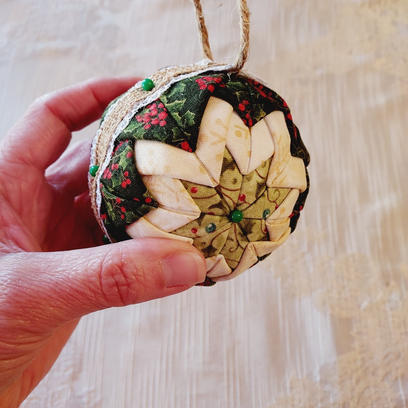 Vintage Handmade Folded Star Quilted Patch Holly Motif Ball – Christmas Ornament