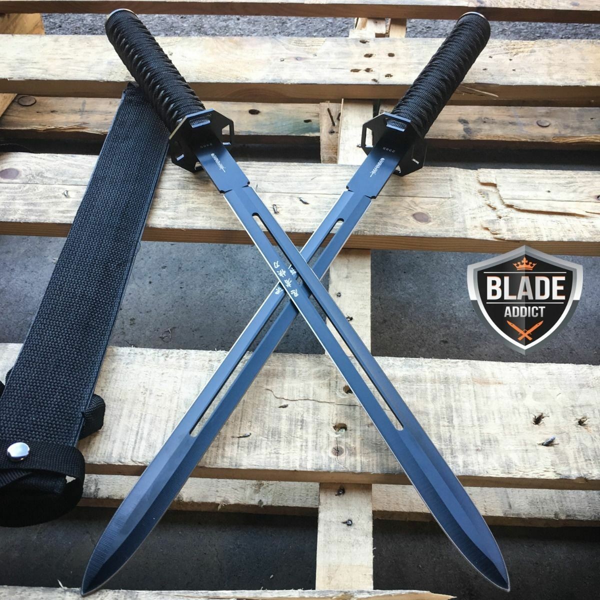2 PC 23″ NINJA SWORD BLACK DUAL Tactical Machete Blade Katana SAMURAI Knife SET