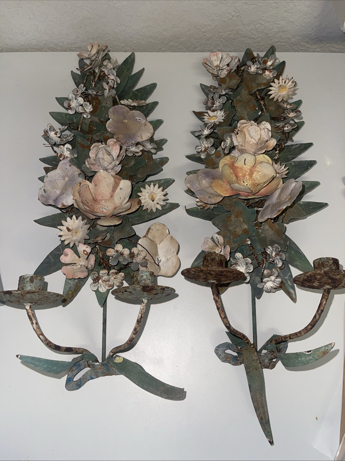 Pair Of Tole Painted Metal Flowers Roses Wall Sconces 2 Candle Florentine As Is
