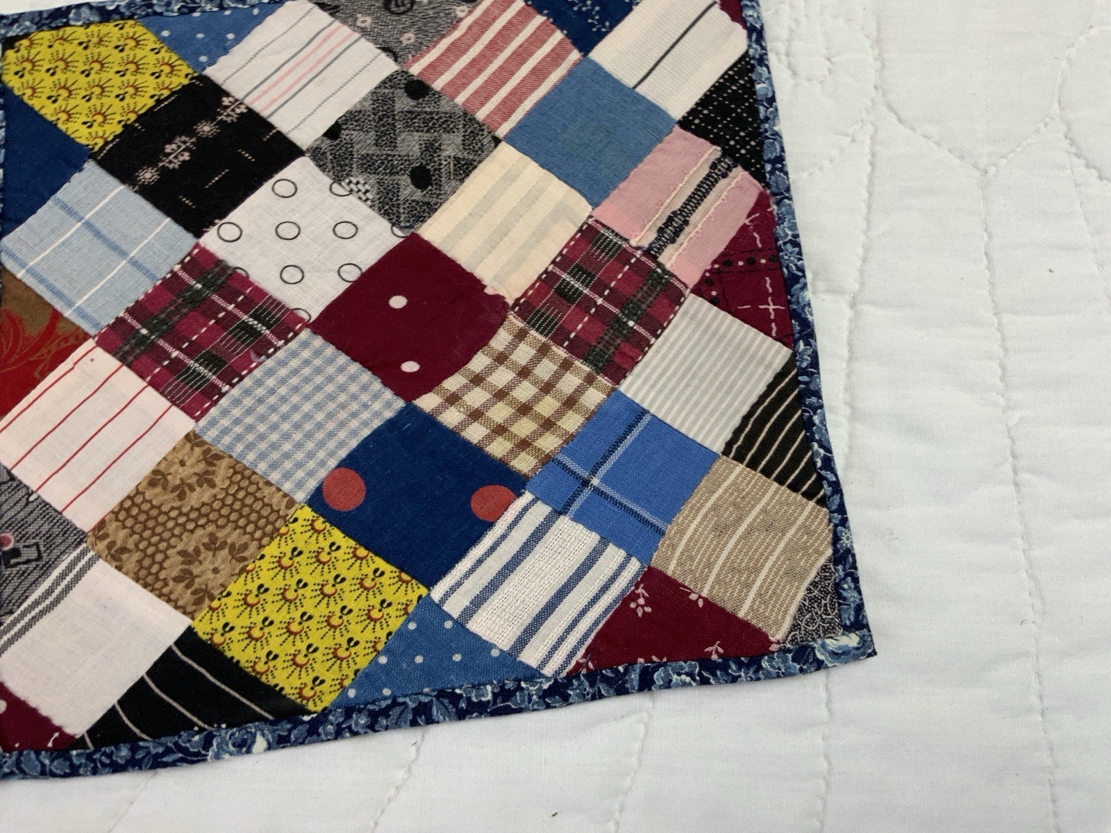 Vintage Patchwork Quilt Table Topper, Four Patch, Early Calico Prints, Blue, Red