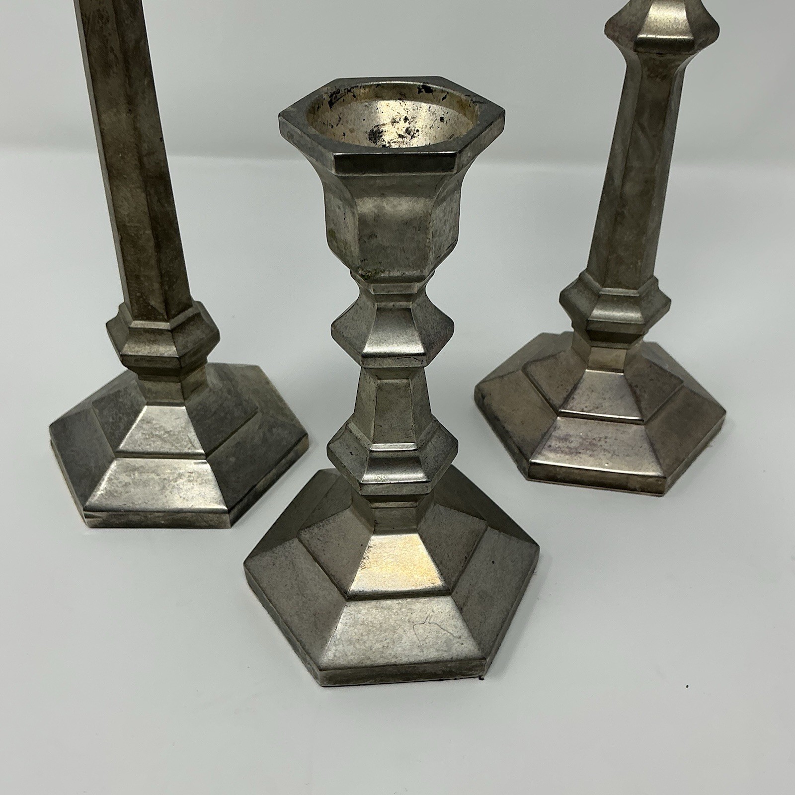 Geometric Silver EP Candlesticks Set Of 3 Modern Hollywood Regency Zinc Alloy