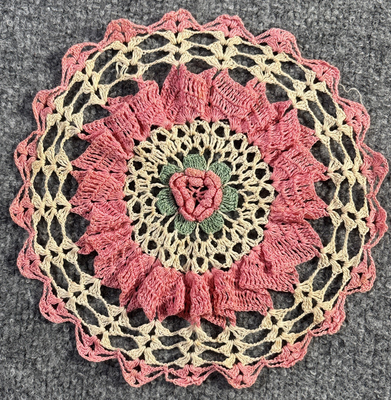 Vintage Doily White Crochet Ivory Pink 3D Floral Handmade Round Dresser Table