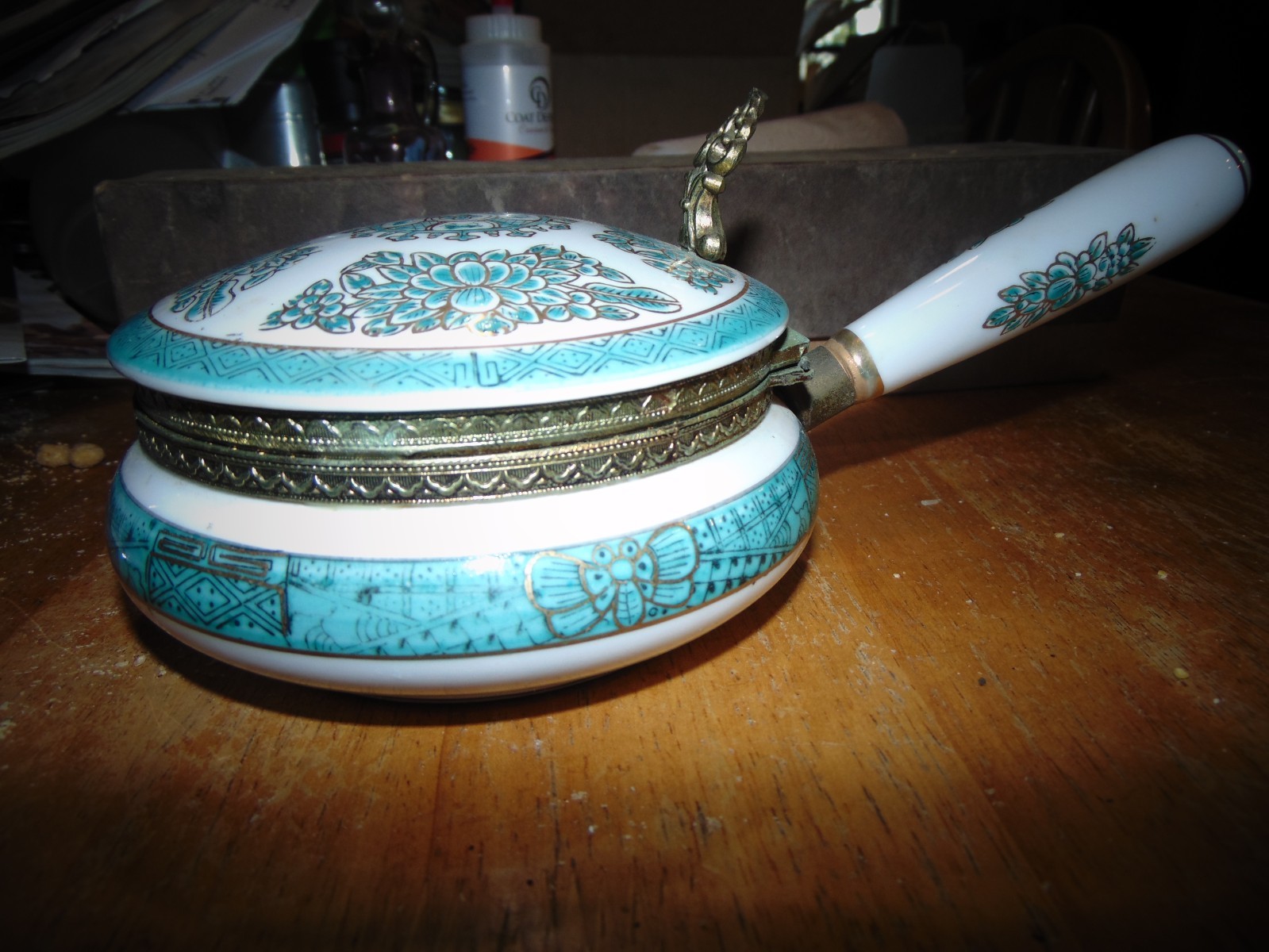 Vntg Decorative Saucepan / Handle & Attached Lid. Hand Painted. Maybe Japanese?