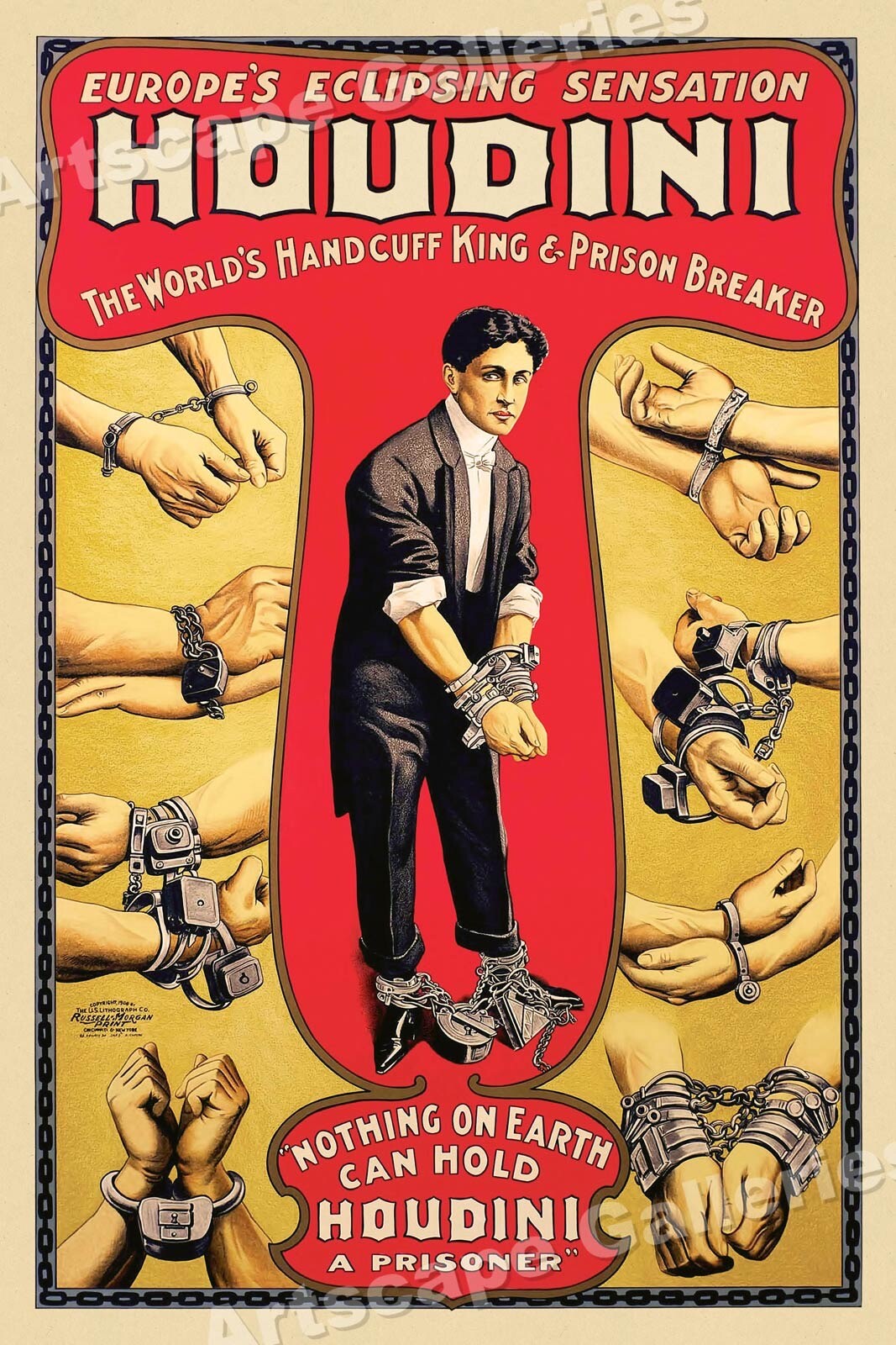 1920’s Harry Houdini Classic Handcuff Escape Magic Poster – 24×36