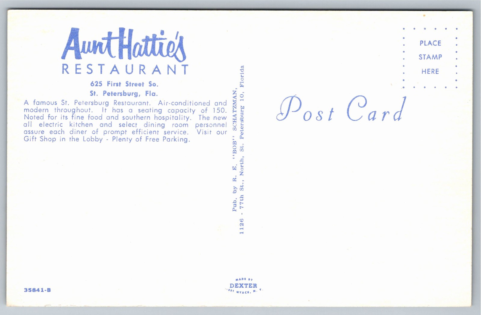 FL, St. Petersburg, Aunt Hattie’s Restaurant, Street View, Vintage Postcard