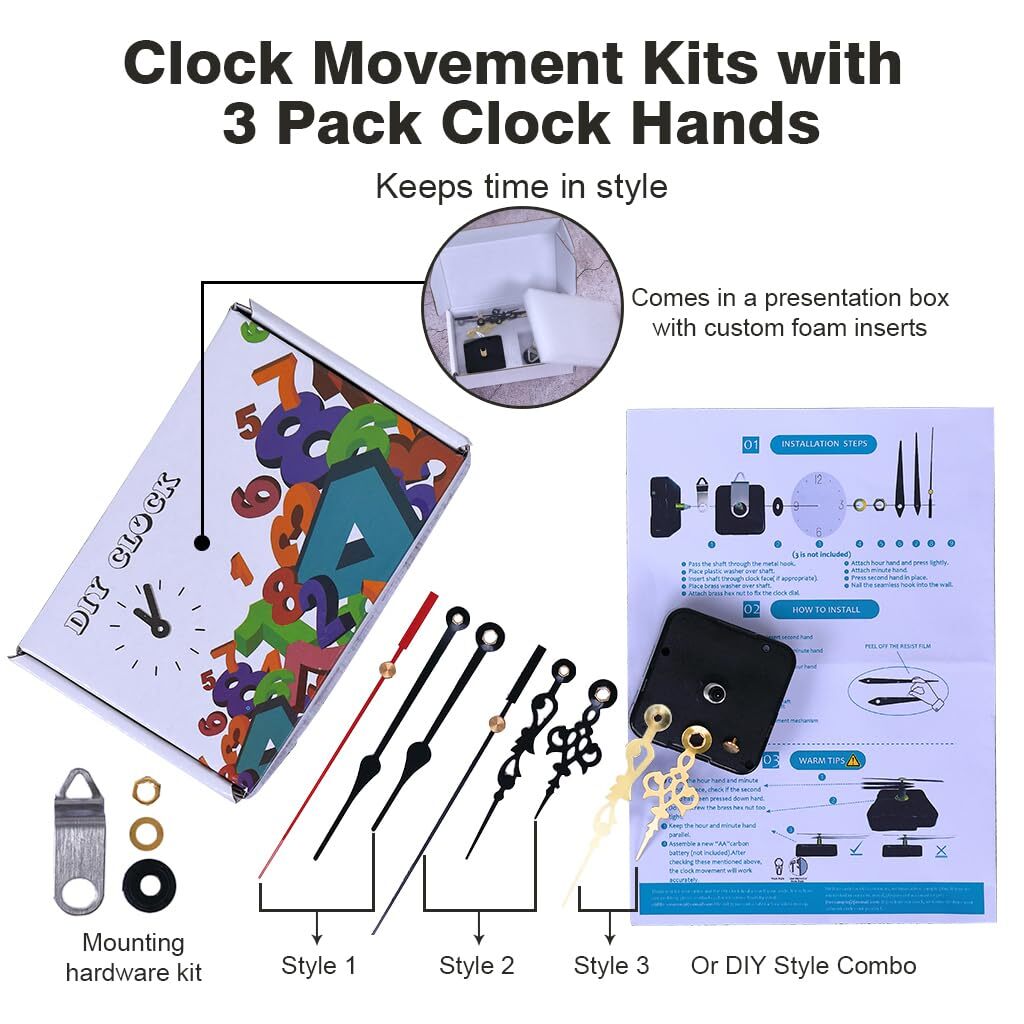 Silent Sweep Clock Movement Kit Includes Mechanism and 3 Styles of Hands