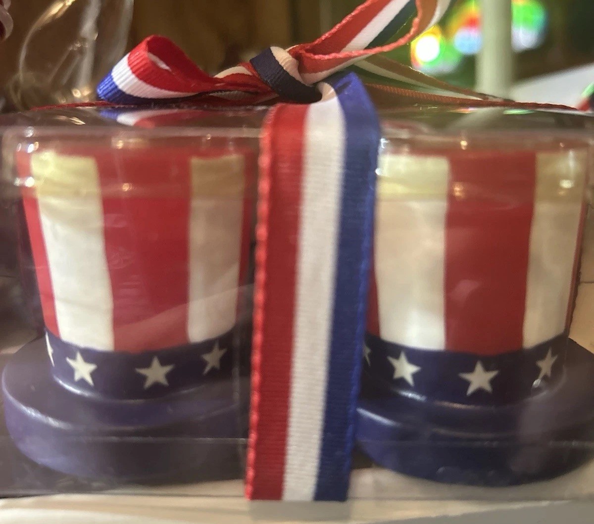 4 Patriotic Candles. Uncle Sam’sHat. Red,White,Blue. July 4th. Unscented. 2”x2”
