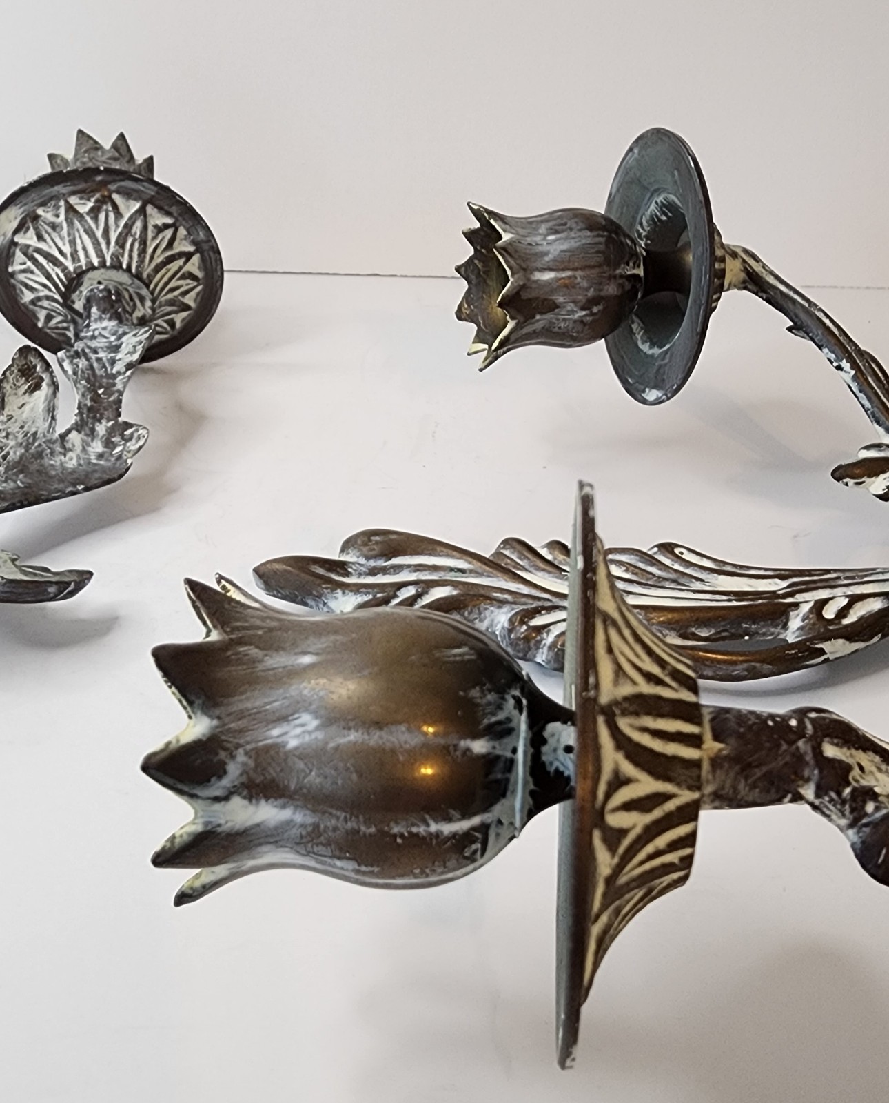 VINTAGE SOLID BRASS ORNATE WALL SCONCES CANDLE HOLDERS LOUIS XV ROCOCO STYLE