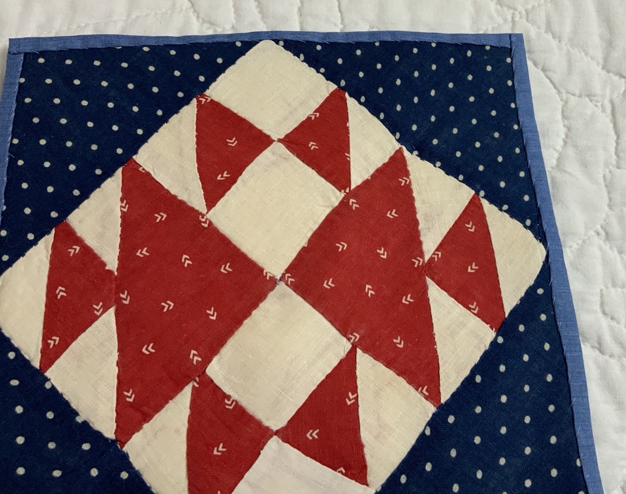 Antique Vintage Patchwork Quilt Table Topper, Four Patch W/ Triangles, Red, Navy