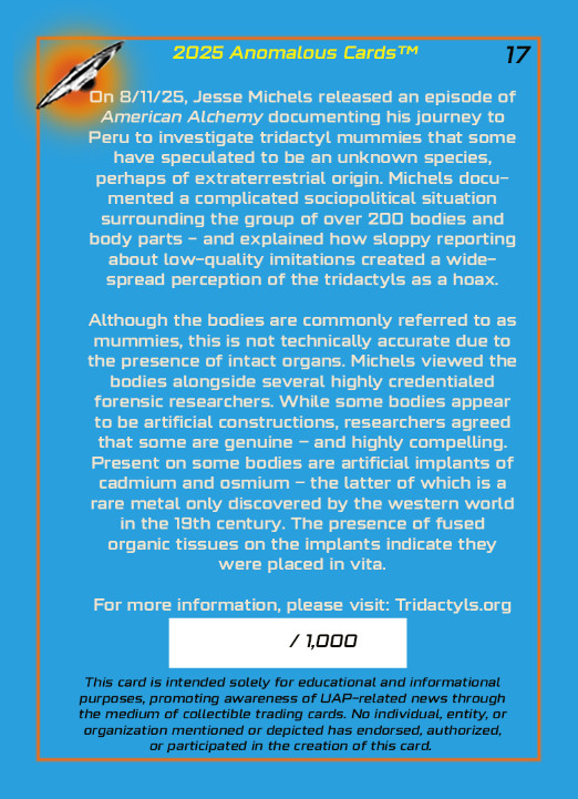 2025 Anomalous Cards – UFO/UAP 12 Card Cello Pack – Each card serial numbered