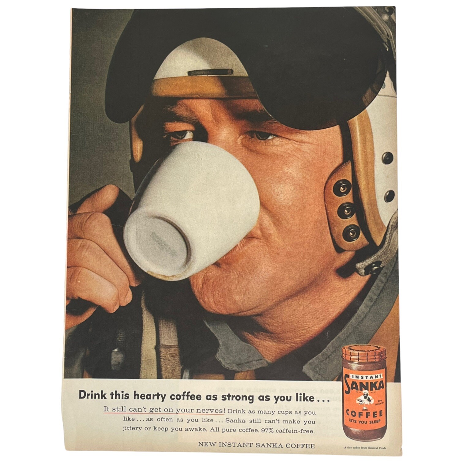 1957 Sanka Instant Coffee 97% Caffeine-Free Print Ad Fighter Pilot