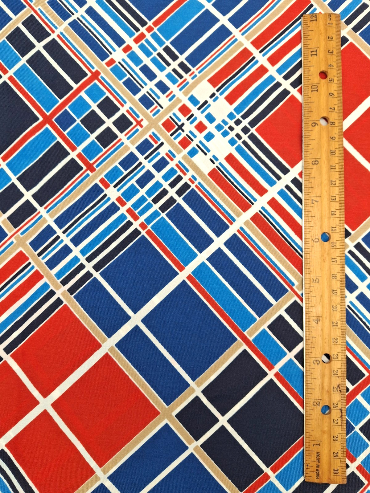 Vintage 60s Satin Fabric 2.5 yds x 45″ Red White Blue Tan Plaid MOD Polyester