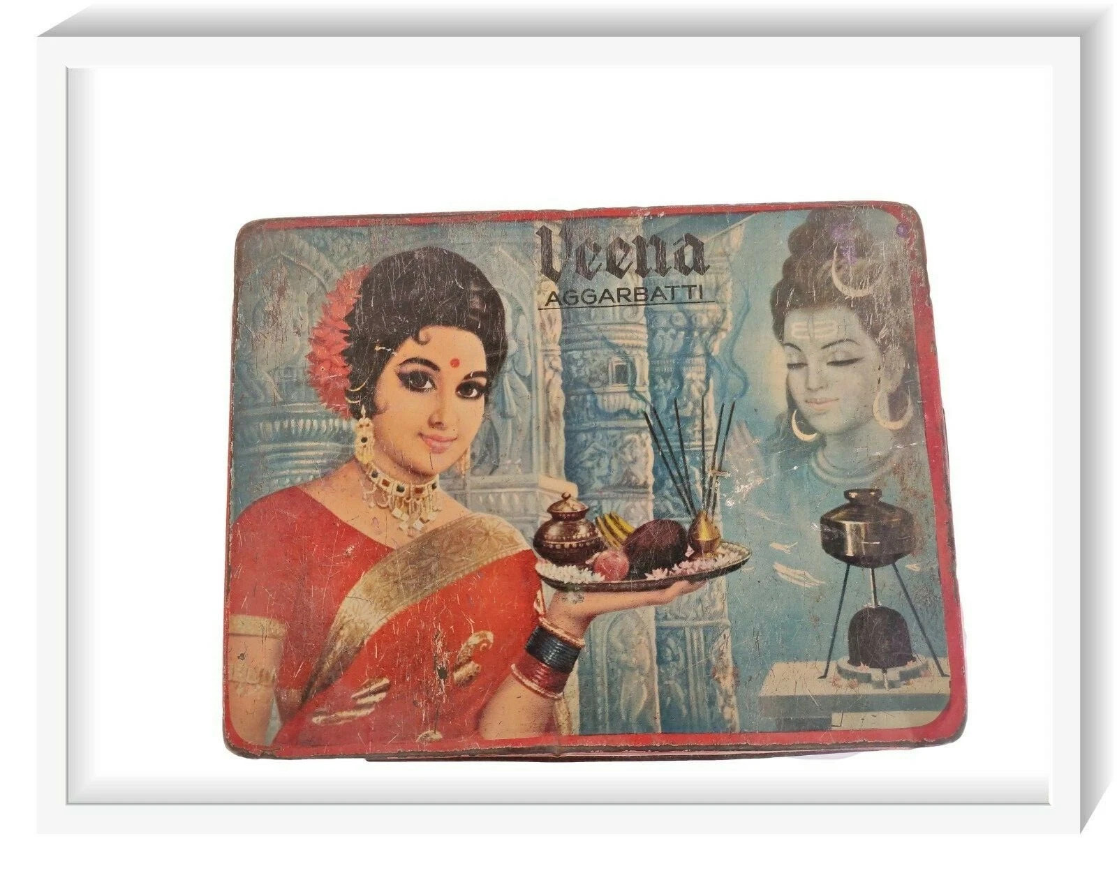 1960s Vintage Veena Chandan Aggarbatti Lord Shiva P Litho Print Tin EHS India