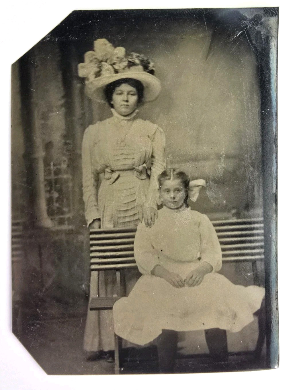 Antique Tintype Photo Two Young Fancy Victorian Girls Ladies Hat Dress Fashion