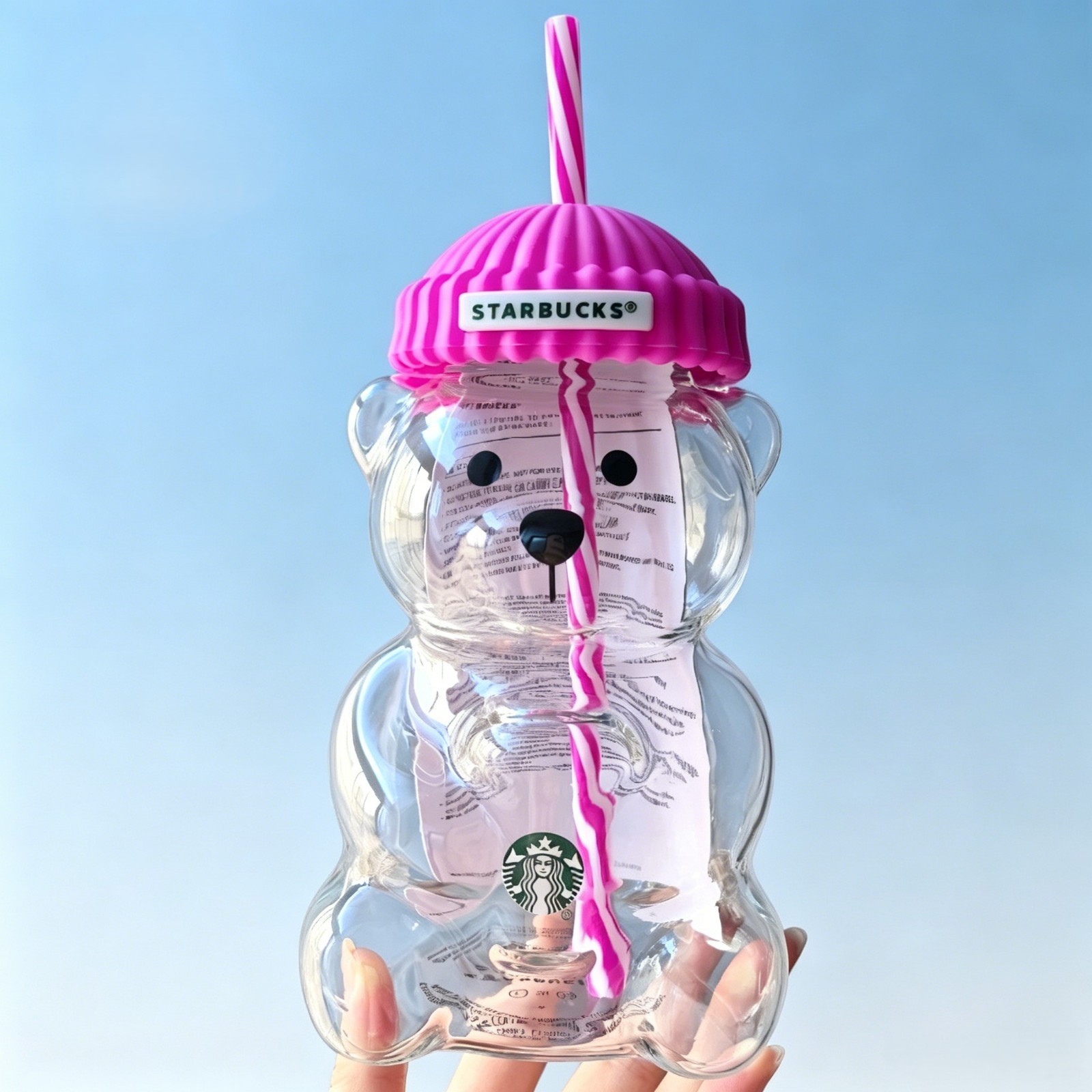 Starbucks Bearista Rose Red Bear Glass Tumbler Cold Cup w/ Straw 20oz 591ml