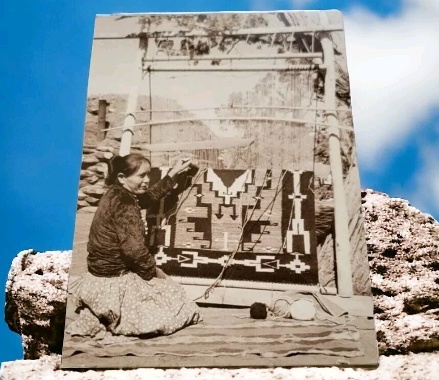 Navajo Tribe Woman Weaving with Hand Strung Loom Postcard Native American Vtg