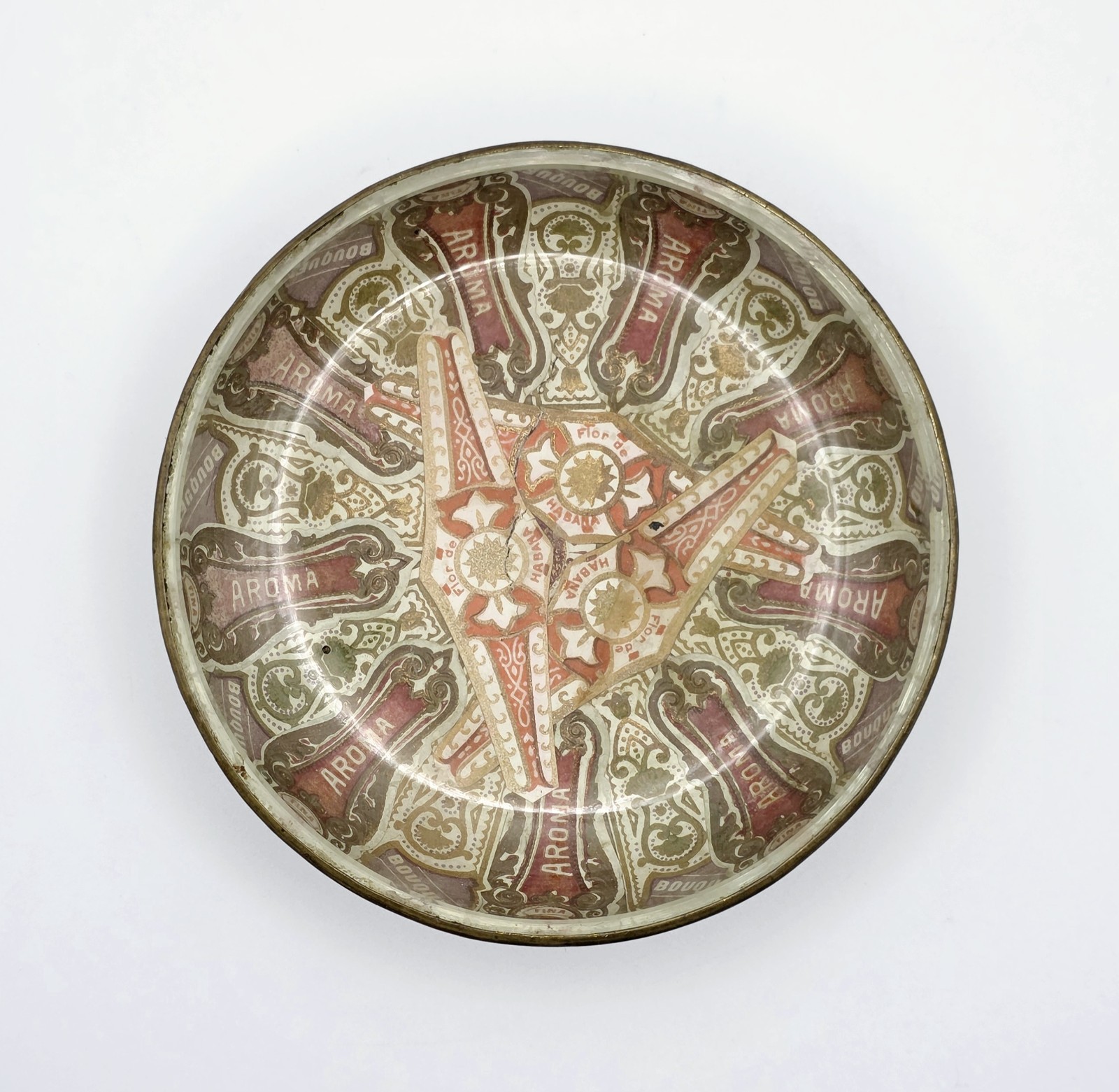 Antique Cigar Band Decoupage Glass Dish Brass Folk Art Tobacciana Bowl Ashtray