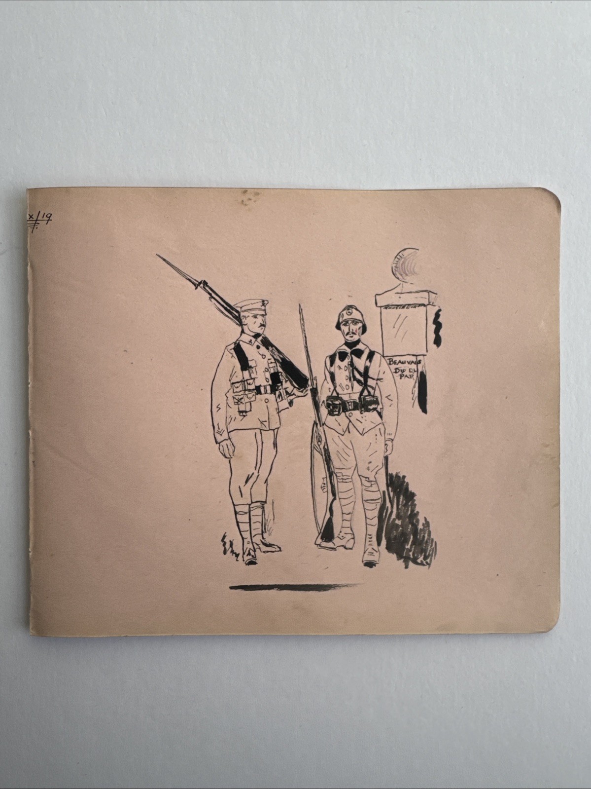 Antique 1919 WWI Soldier Drawing Pen & Ink Military Sketch