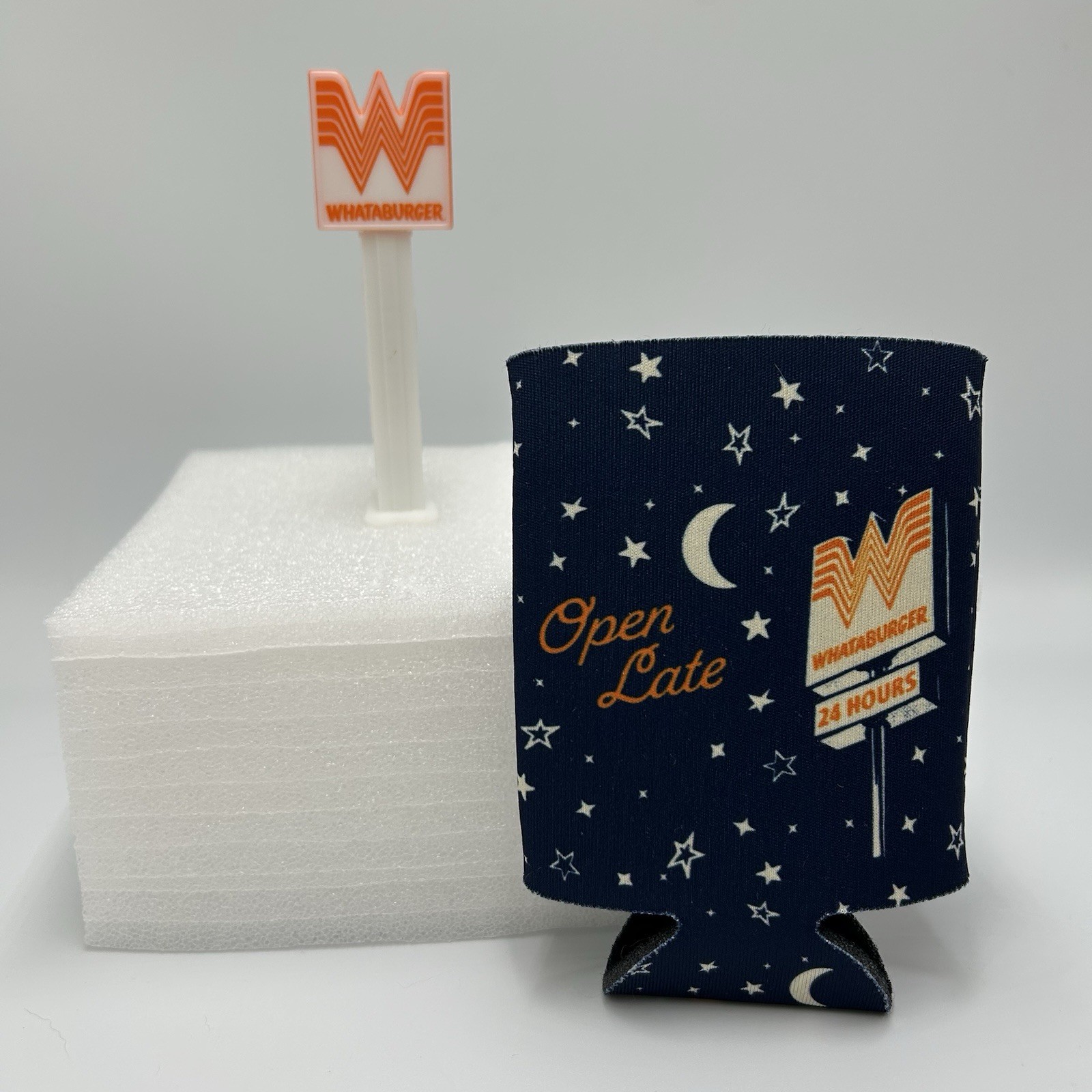 Whataburger Promotional SWAG: PEZ Dispenser and “Open Late” Blue Can Cooler
