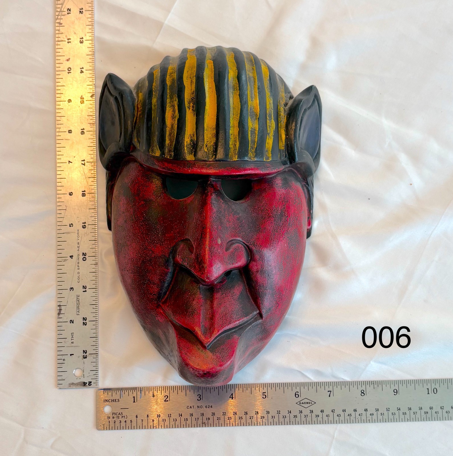 Vintage Mexican Folk Art Carved Wood Red Diablo Devil Mask Striped Hair 8″