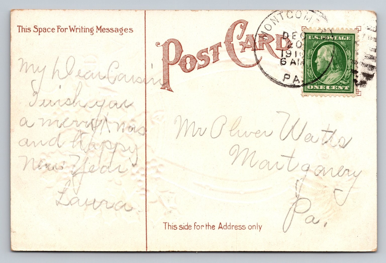 Embossed Divided Back Christmas Postcard 1907-1915 Standard Size