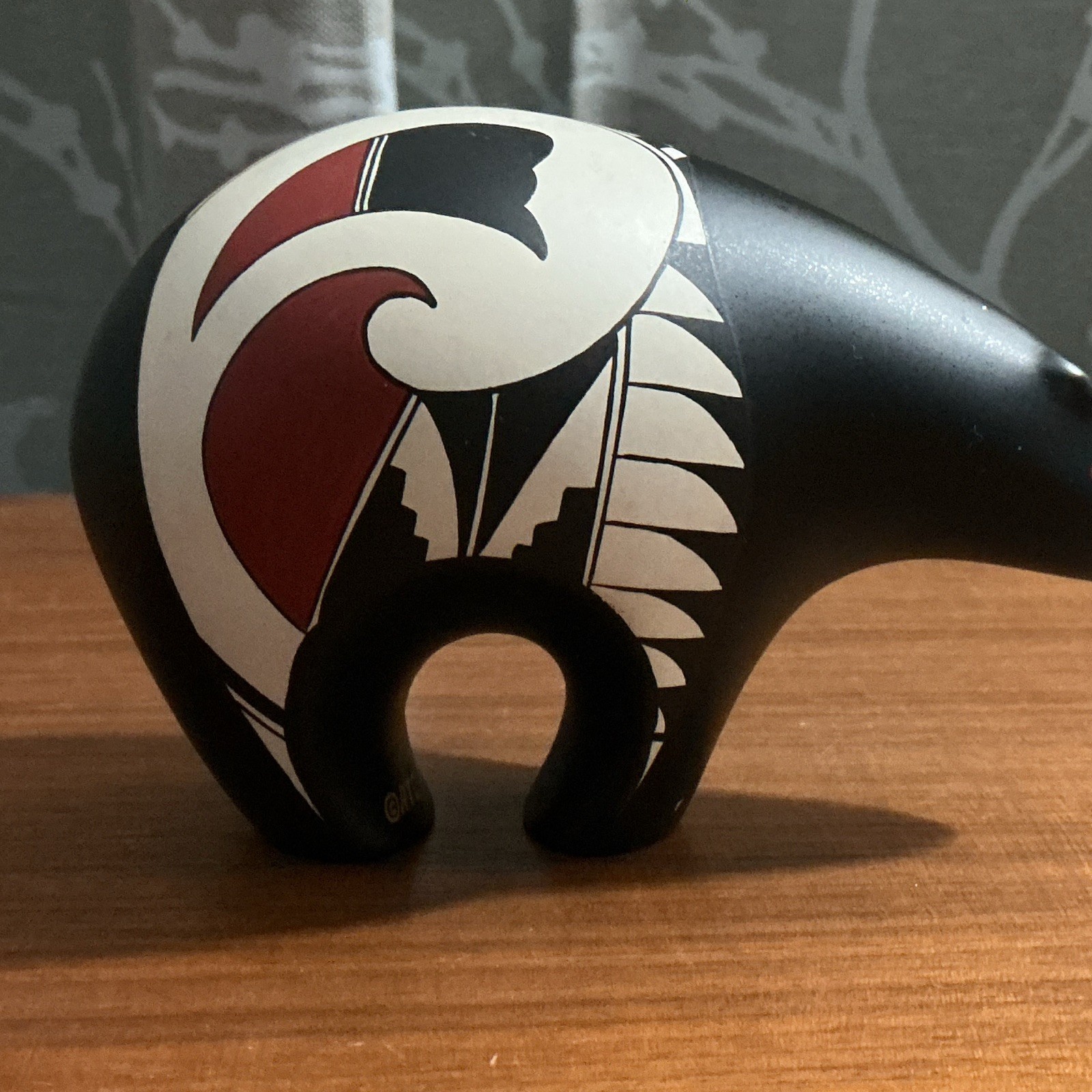 Hand Painted Matte Ceramic Bear Figurine Black White Red Geometric Pattern 1990