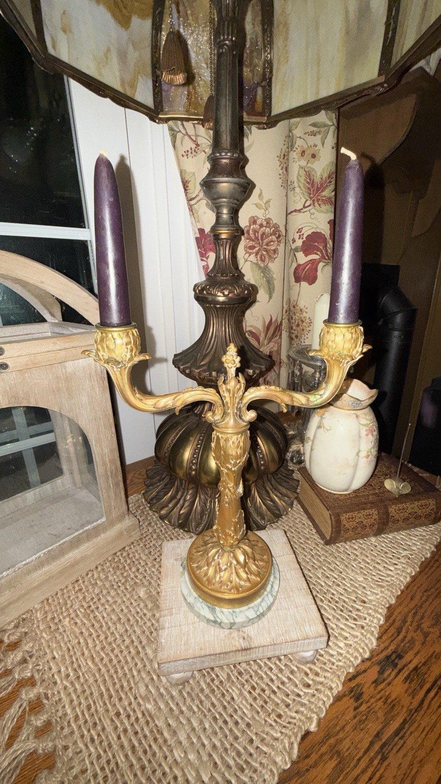 Vintage Brass Two Arm Candelabra Marble Base Acorn Oak Leaf Candle Holder