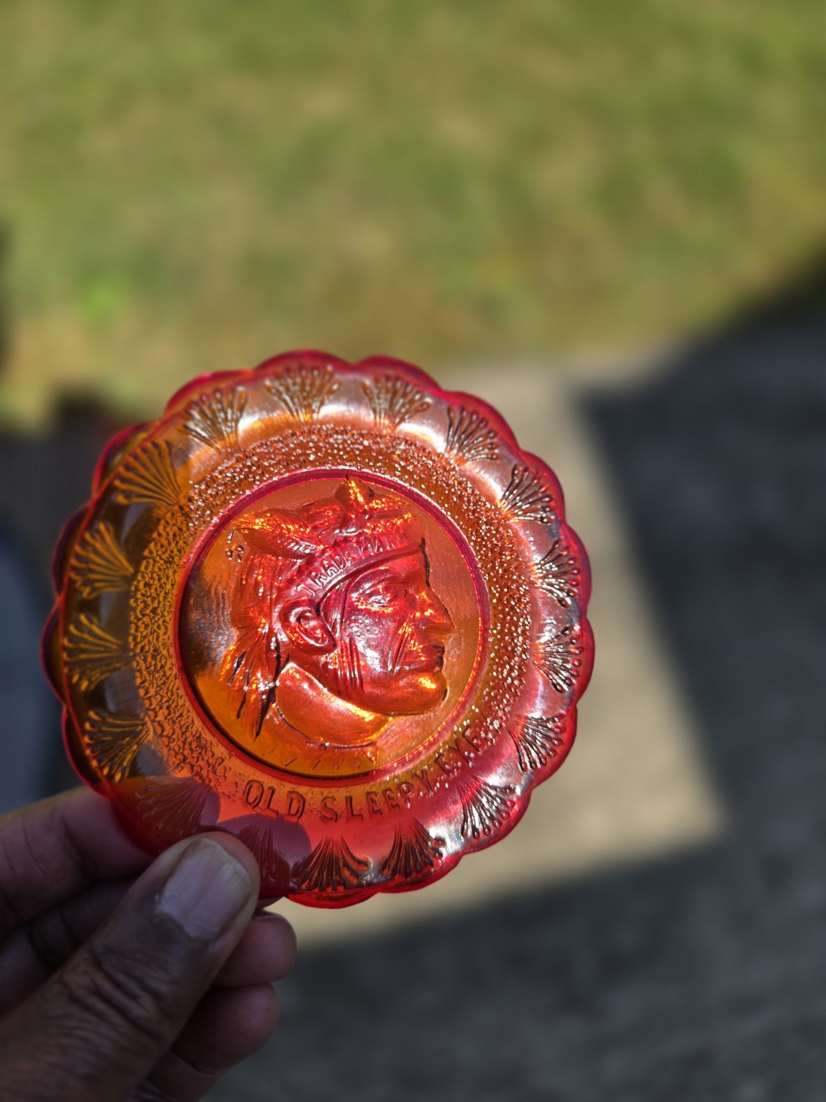 Vintage Summit Art Glass Old Sleepy Eye Indian Cup Plate, 4″ DIA, Preowned