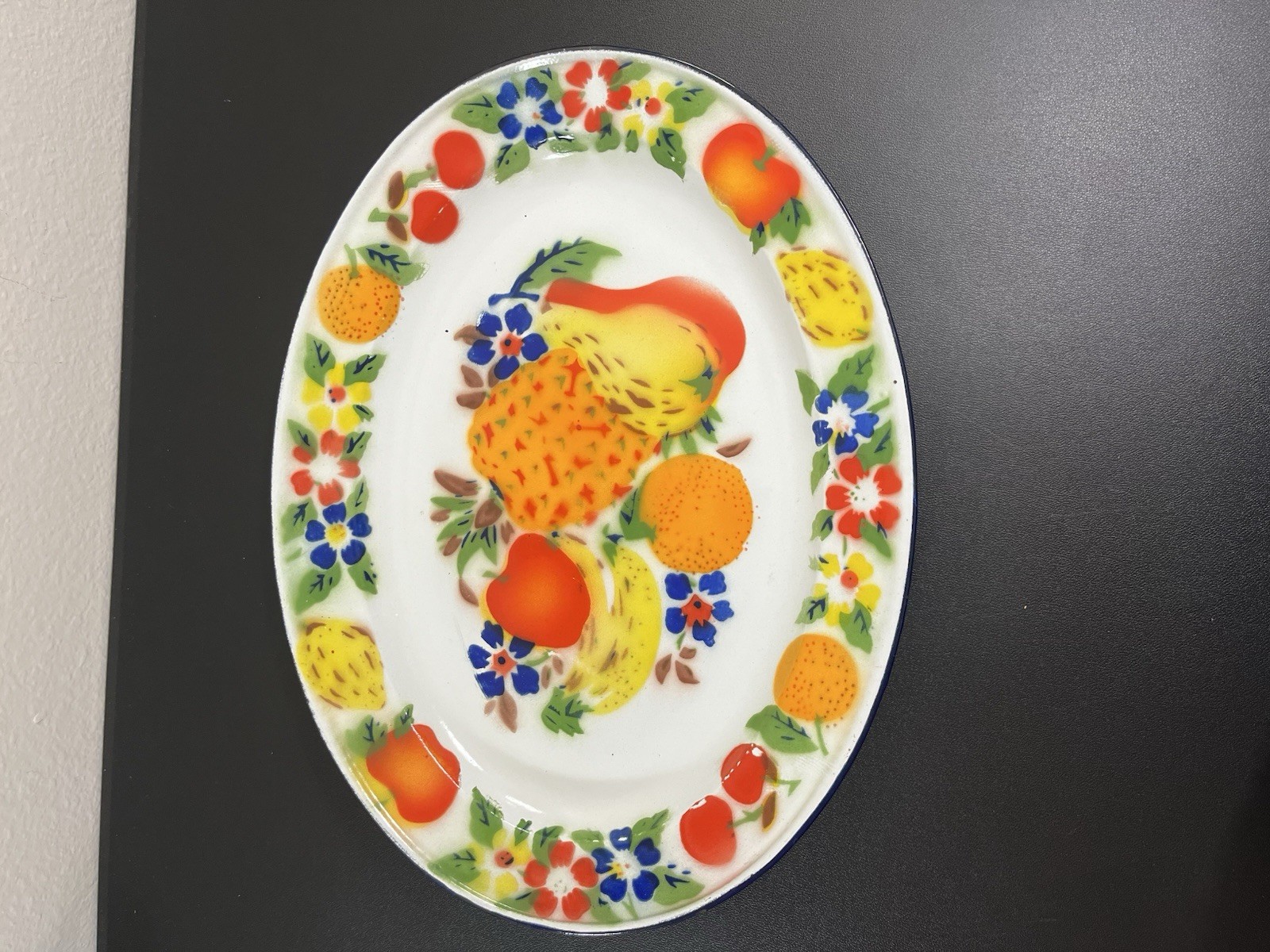 Vintage Enamelware Fruit & Flowers Oval Serving Platter Tray 17.5” x 13”