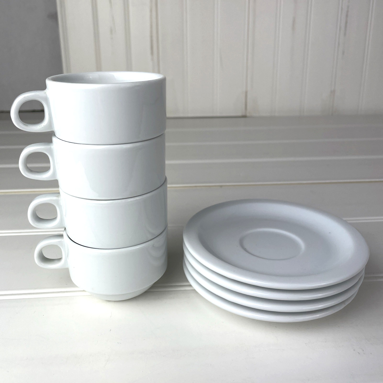 Set of 4 Stackable Espresso Cups & Saucers Porcelain White Set