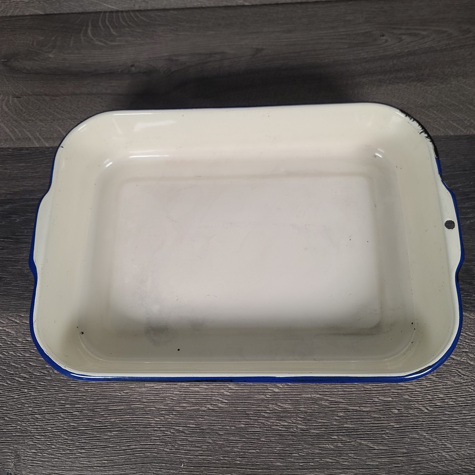 Vintage Blue and Almond Enamelware Pan Rectangle 10 x 14 Farmhouse