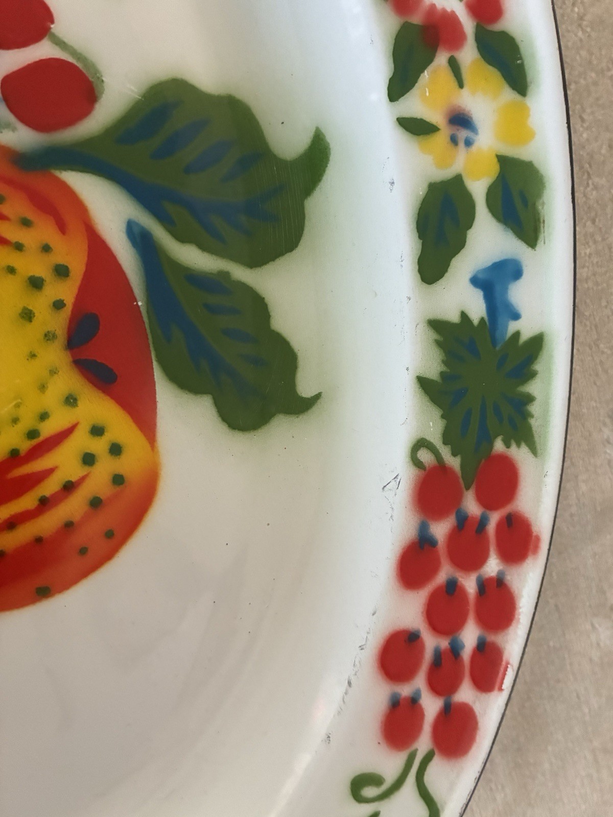 Enamelware Fruit Flowers Oval Serving Tray Approx. 18×14” Platter Colorful Vtg