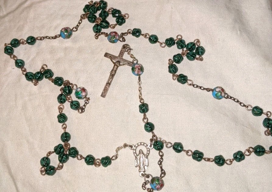 Vtg Malachite Glass And Cloisonne Beaded Rosary