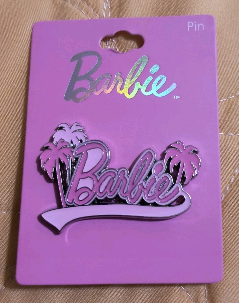 Barbie Mattel Pink Metal Pin Glittery With Palm Trees by Neon Tuesday 🆕🆓Ship!