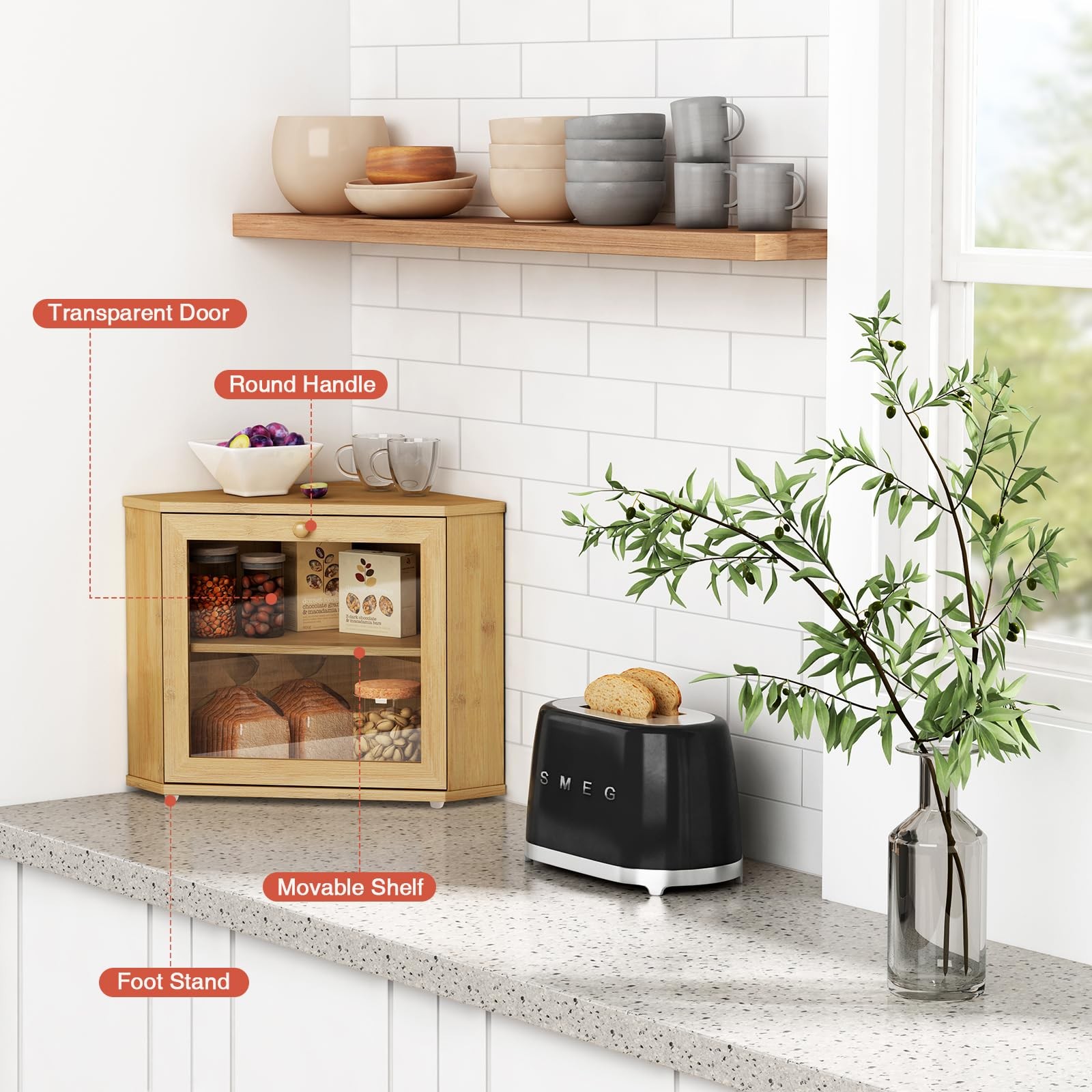 Bamboo Corner Bread Box for Kitchen Counter, 2 Tier Bread Keeper Wooden Round…