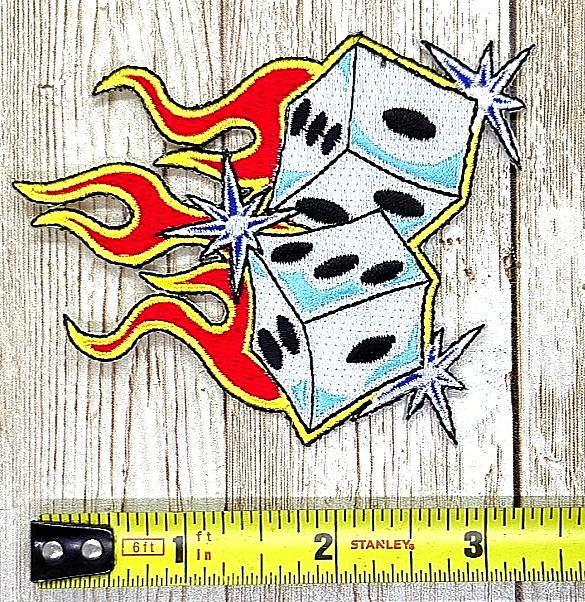 Flaming Rolling Dice Sparkle Iron On Sew On Embroidered Patch 3 1/2 ” X 3 “