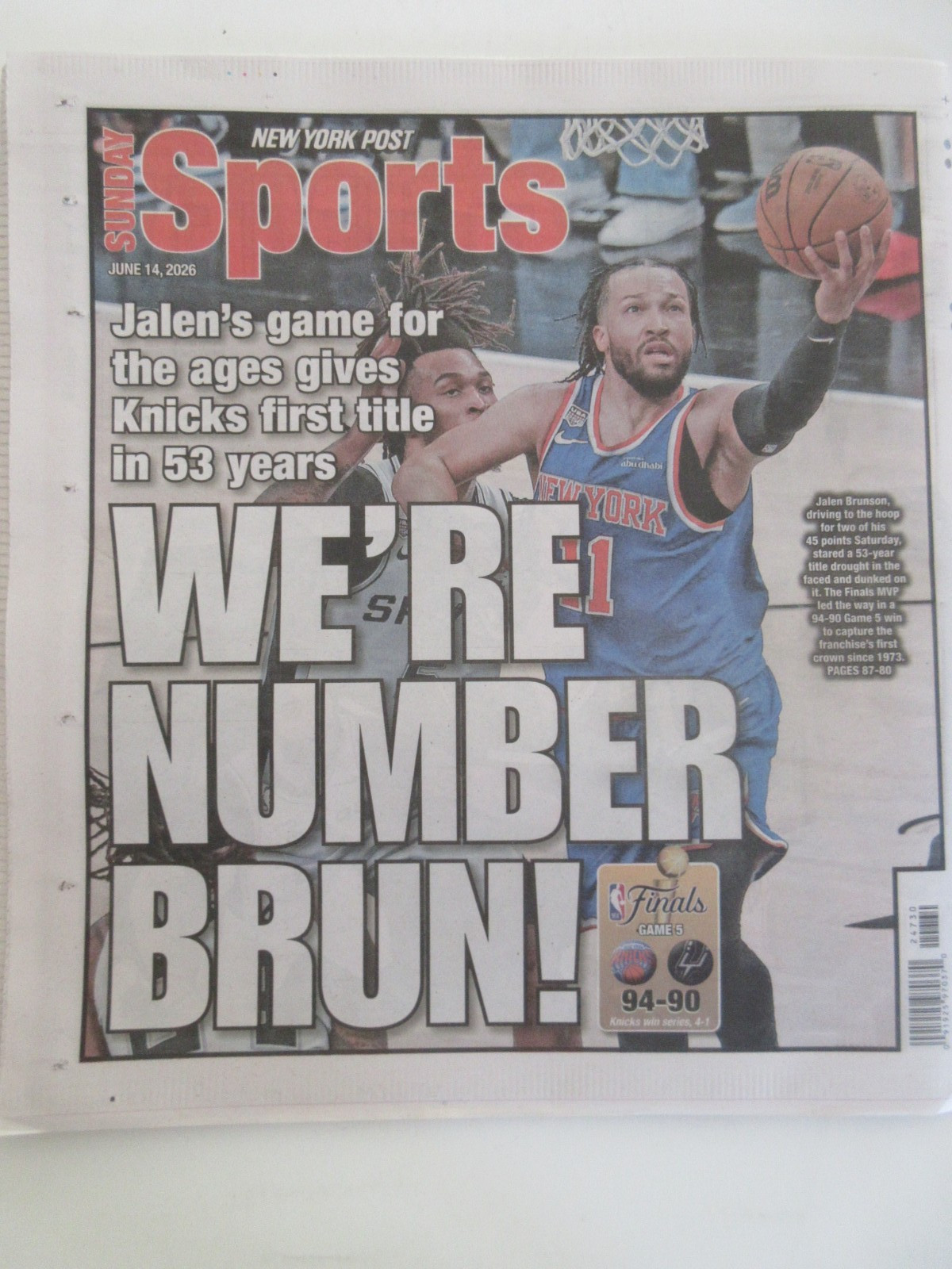 NEW YORK POST KNICKS WIN NBA CHAMPIONSHIP NEWSPAPER 06/14/26 Jalen Brunson
