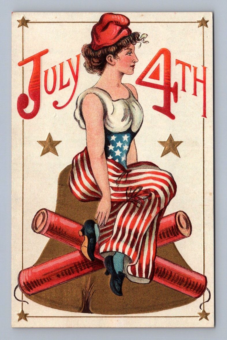 Antique July 4th patriotic woman liberty bell firecrackers 1910