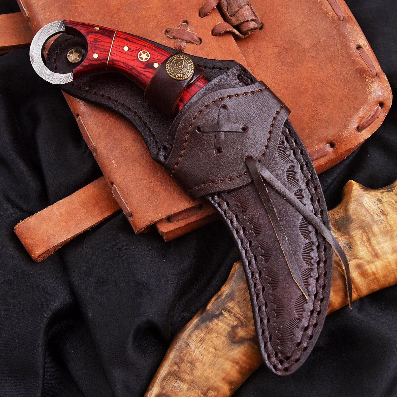 Handcrafted Damascus Karambit Knife Red Wood Hunting Survival Custom Sheath