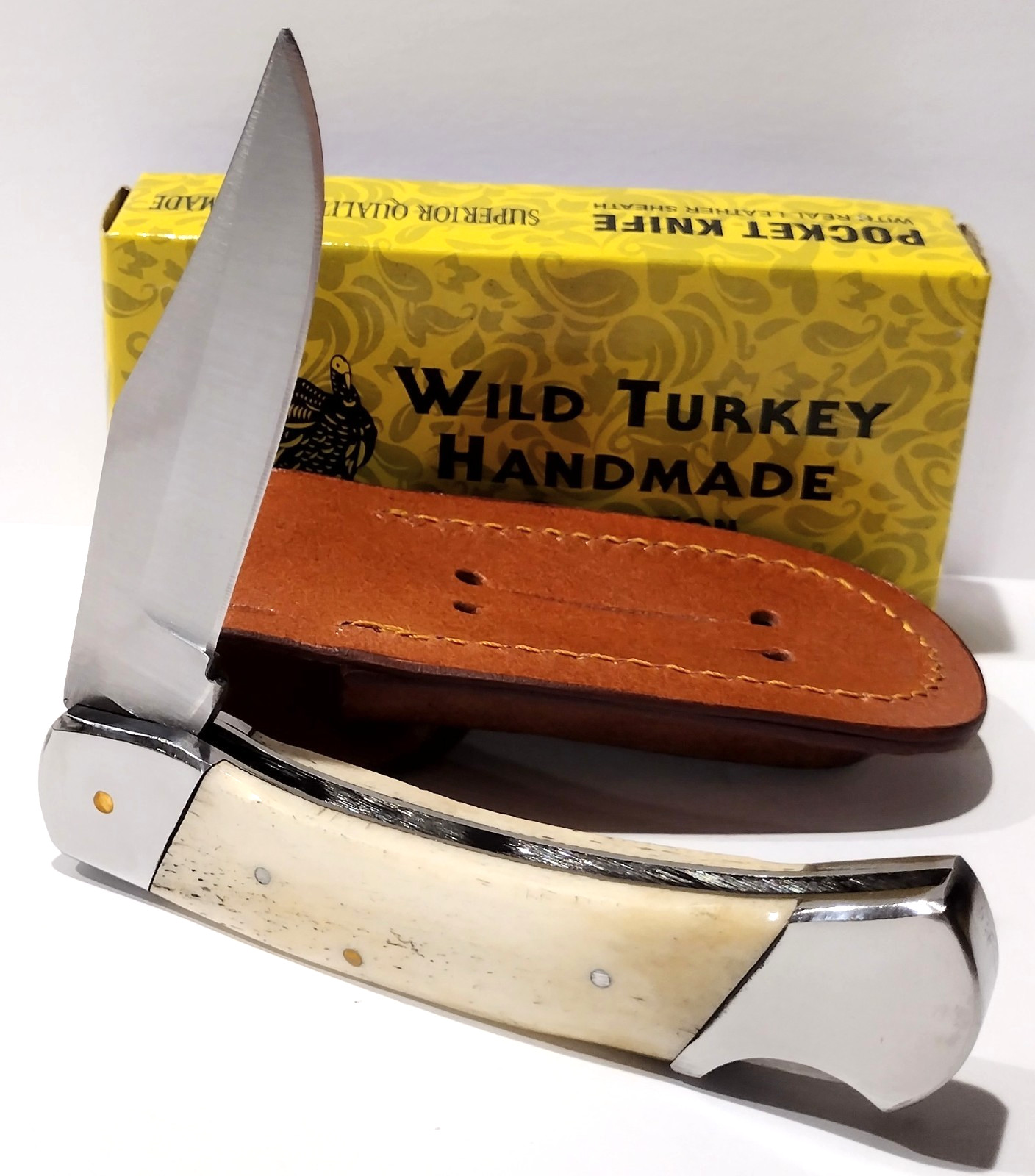 Wild Turkey Smooth White Bone Large 9″ Lockback Hunting Pocket Knife + Sheath