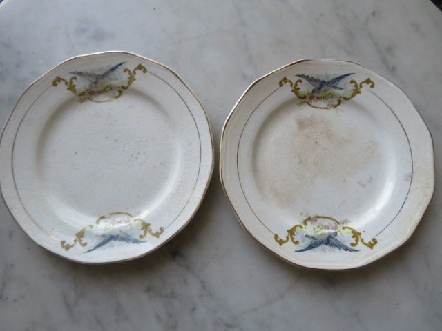2 Old Vintage WHITE STAINED CRAZED PLATES Blue Birds Pink Flowers BEAUTIFUL!