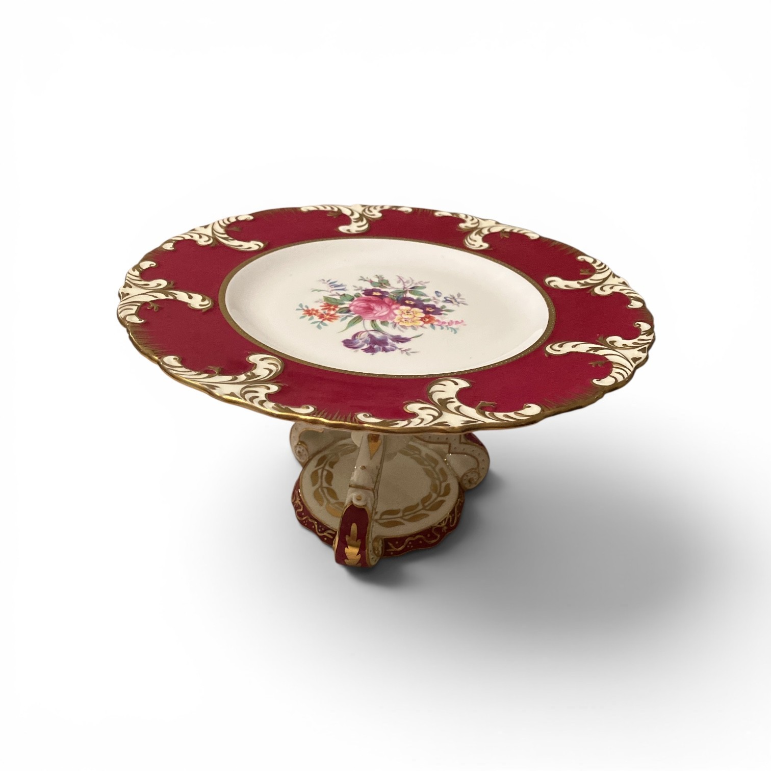 Paragon Vintage Cake Plate on Pedestal Rare Floral Centre Maroon and Gold Trim