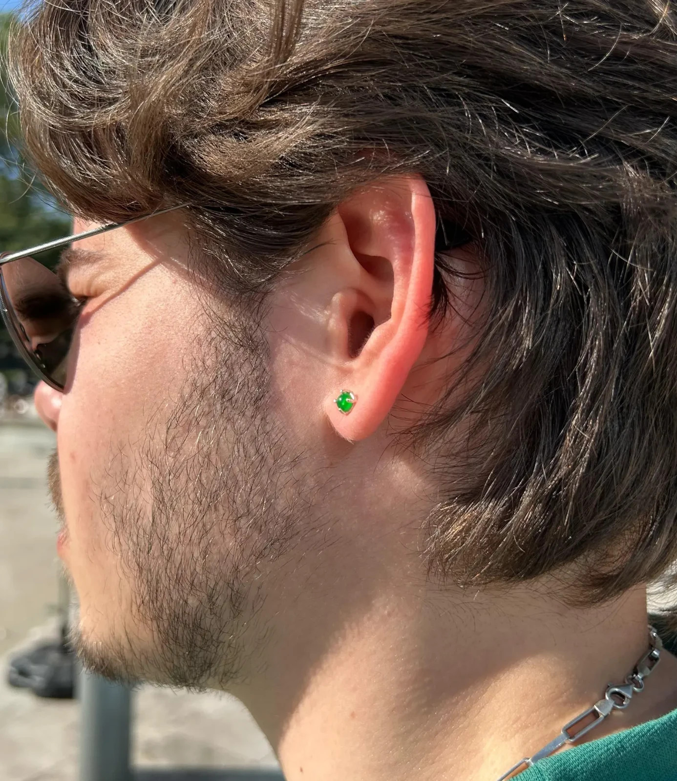 Men’s Green Emerald Cabochon Stone Stud Earrings For Men’s 10K Yellow Gold Over