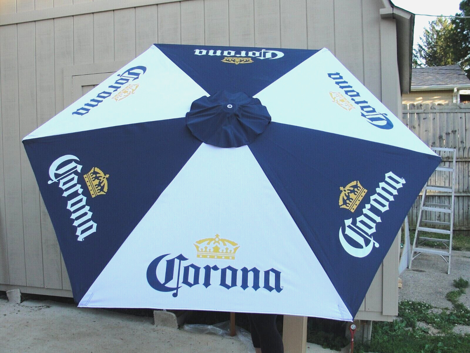 CORONA BEER 👑 6 PANEL PATIO MARKET UMBRELLA BLUE WHITE CANVAS WOOD POST 7′ NIB