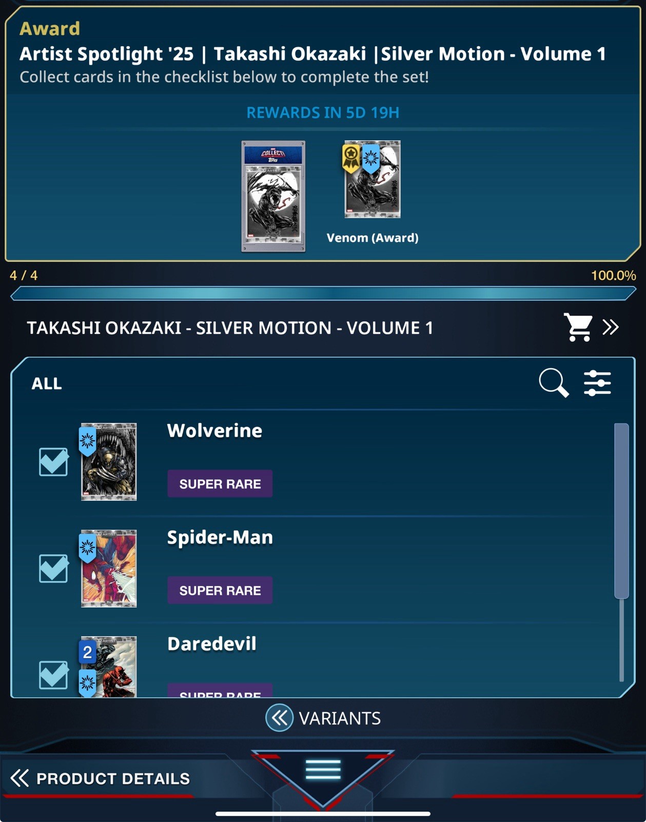 Topps Marvel 25 – ARTIST SPOTLIGHT Takashi Okazaki Silver Motion Set 4/4