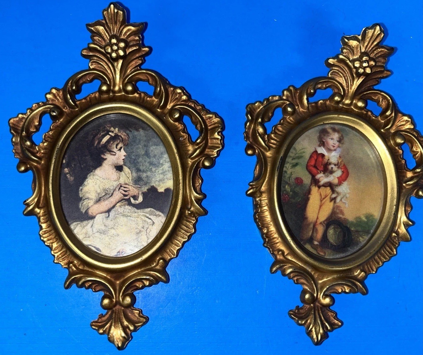 Pair of Vintage Ornate Gold Plaque Frame prints Boy w/ Dog and Girl Wall Decor