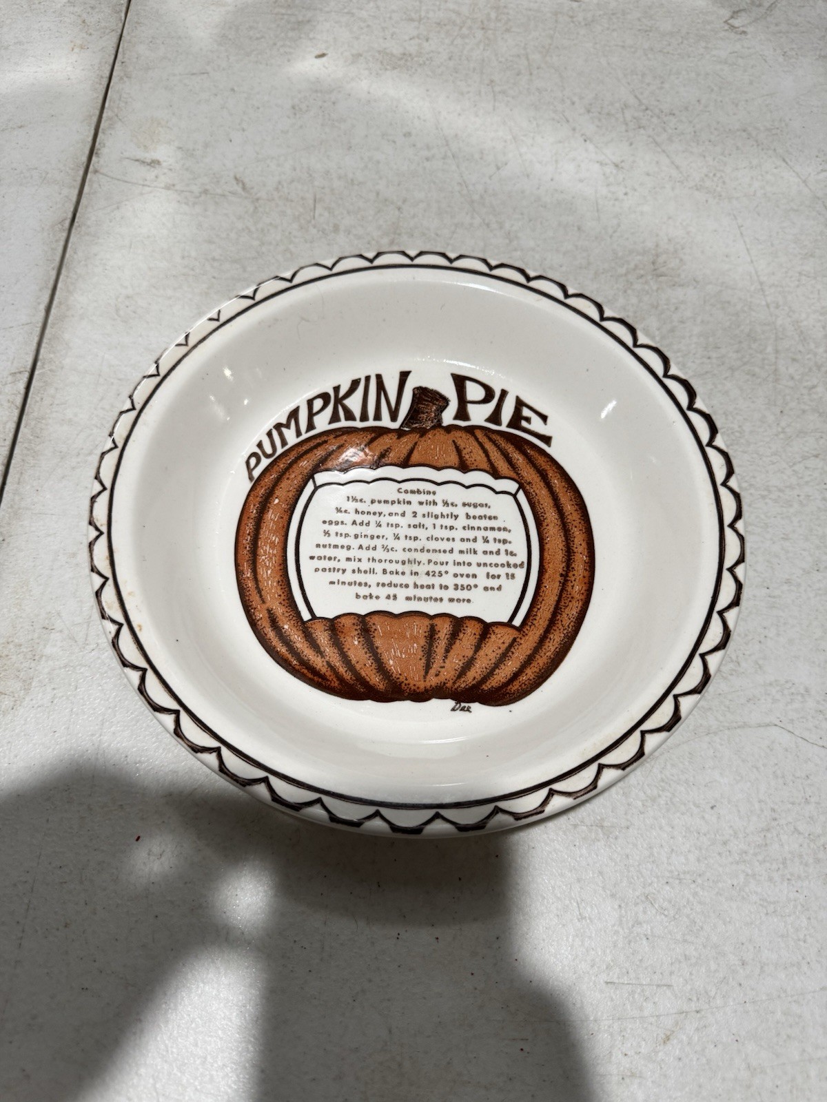 Vintage Pumpkin Pie Plate with Recipe Dish 10.5 inch 80s